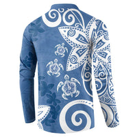 Polynesia Button Sweatshirt Blue Tribal Turtle Floral Pattern