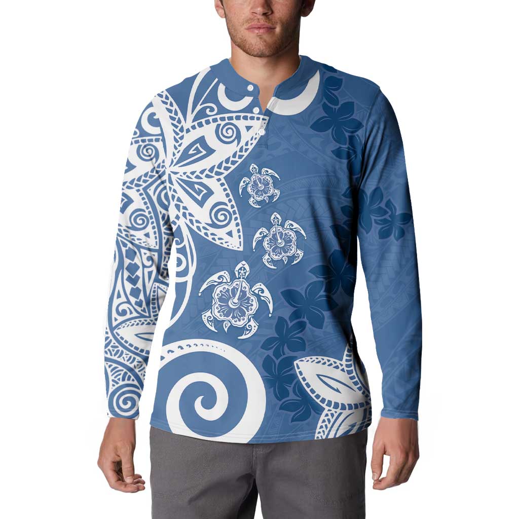 Polynesia Button Sweatshirt Blue Tribal Turtle Floral Pattern
