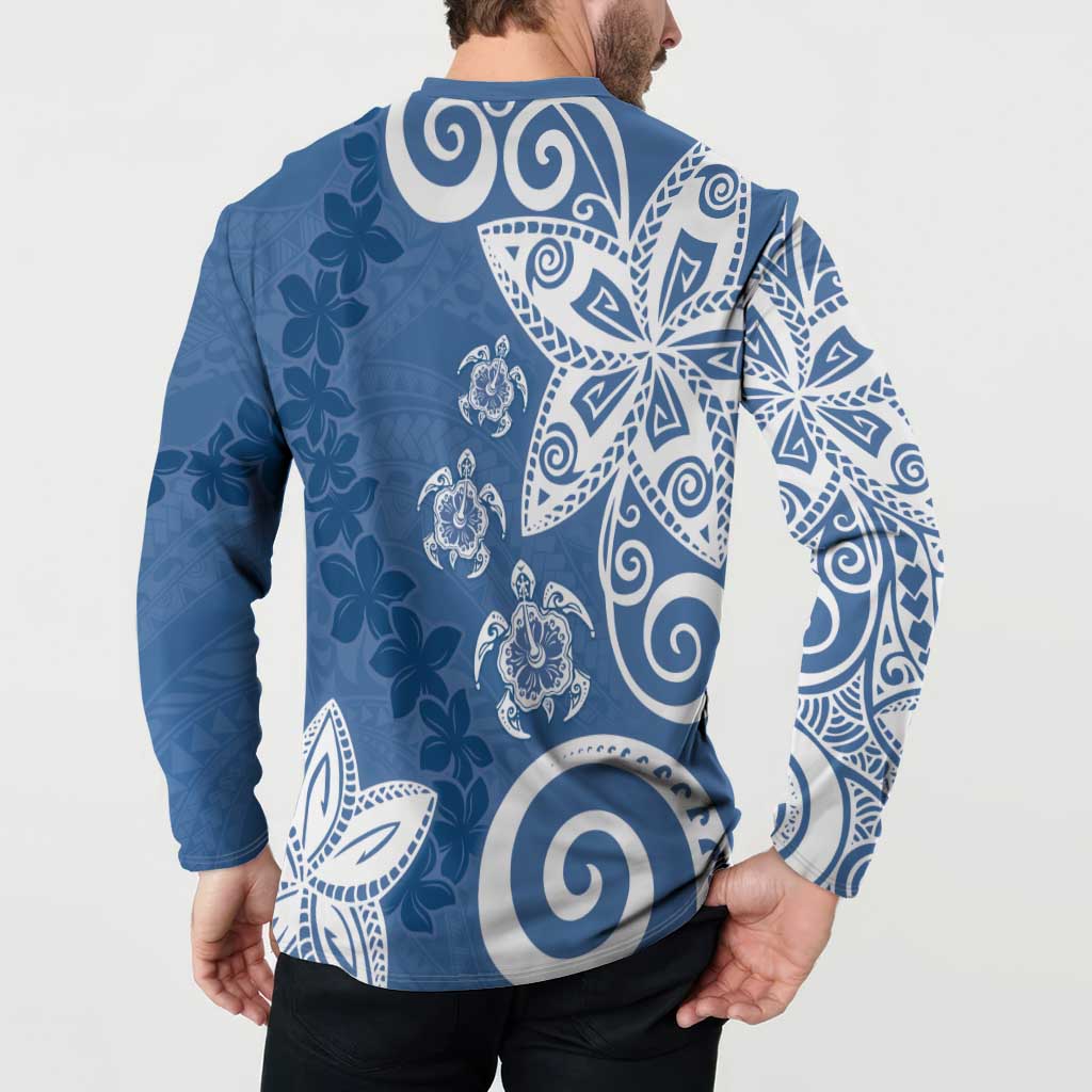 Polynesia Button Sweatshirt Blue Tribal Turtle Floral Pattern