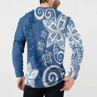 Polynesia Button Sweatshirt Blue Tribal Turtle Floral Pattern