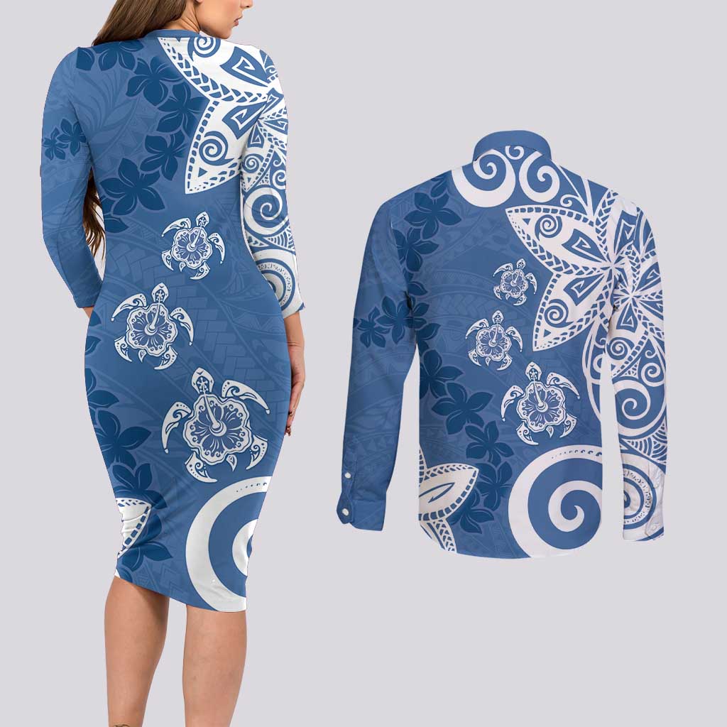 Polynesia Couples Matching Long Sleeve Bodycon Dress and Long Sleeve Button Shirt Blue Tribal Turtle Floral Pattern