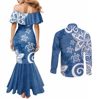 Polynesia Couples Matching Mermaid Dress and Long Sleeve Button Shirt Blue Tribal Turtle Floral Pattern