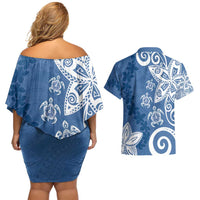 Polynesia Couples Matching Off Shoulder Short Dress and Hawaiian Shirt Blue Tribal Turtle Floral Pattern