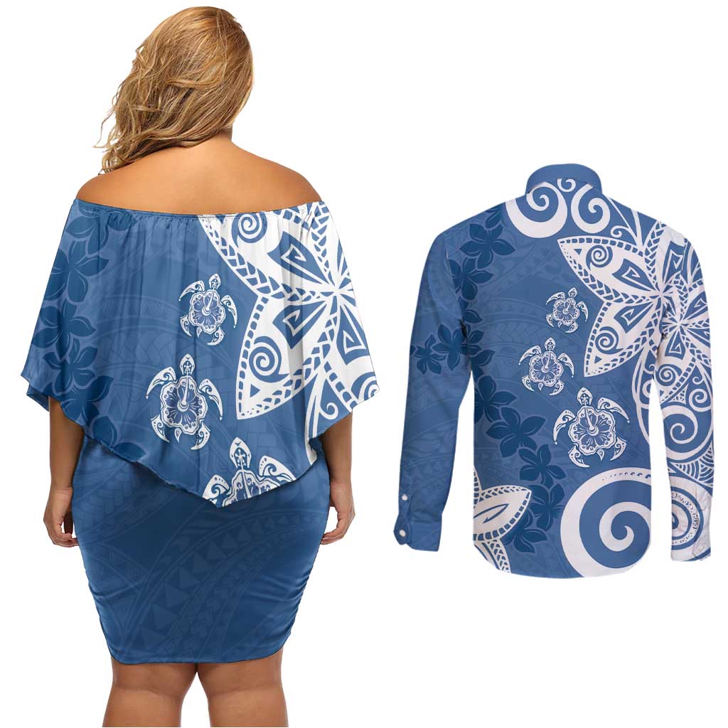 Polynesia Couples Matching Off Shoulder Short Dress and Long Sleeve Button Shirt Blue Tribal Turtle Floral Pattern