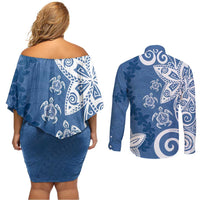Polynesia Couples Matching Off Shoulder Short Dress and Long Sleeve Button Shirt Blue Tribal Turtle Floral Pattern