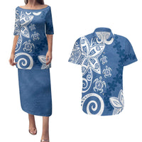 Polynesia Couples Matching Puletasi and Hawaiian Shirt Blue Tribal Turtle Floral Pattern
