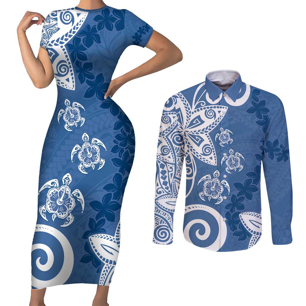 Polynesia Couples Matching Short Sleeve Bodycon Dress and Long Sleeve Button Shirt Blue Tribal Turtle Floral Pattern
