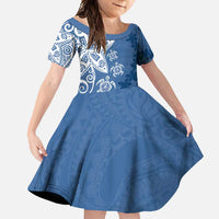 Polynesia Family Matching Long Sleeve Bodycon Dress and Hawaiian Shirt Blue Tribal Turtle Floral Pattern LT05 Daughter's Dress Blue - Polynesian Pride