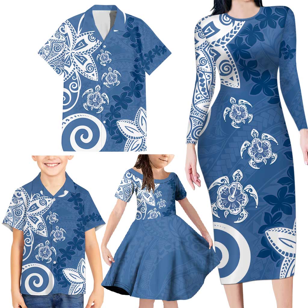 Polynesia Family Matching Long Sleeve Bodycon Dress and Hawaiian Shirt Blue Tribal Turtle Floral Pattern LT05 - Polynesian Pride