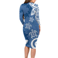 Polynesia Family Matching Long Sleeve Bodycon Dress and Hawaiian Shirt Blue Tribal Turtle Floral Pattern LT05 - Polynesian Pride