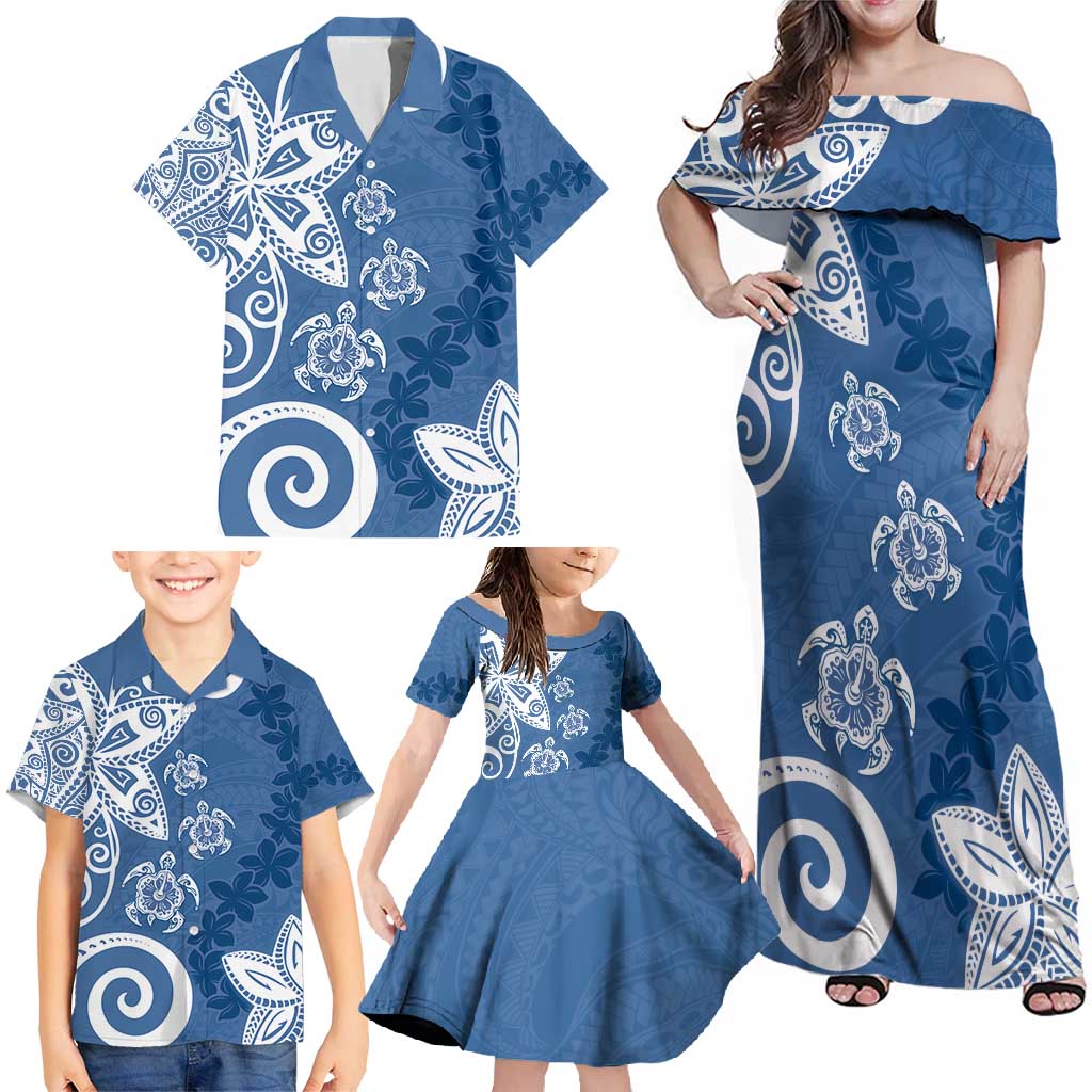 Polynesia Family Matching Off Shoulder Maxi Dress and Hawaiian Shirt Blue Tribal Turtle Floral Pattern LT05 - Polynesian Pride