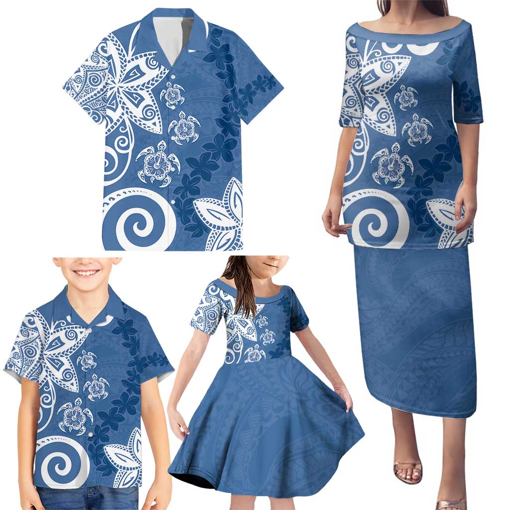 Polynesia Family Matching Puletasi and Hawaiian Shirt Blue Tribal Turtle Floral Pattern LT05 - Polynesian Pride