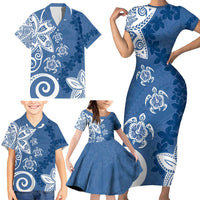 Polynesia Family Matching Short Sleeve Bodycon Dress and Hawaiian Shirt Blue Tribal Turtle Floral Pattern LT05 - Polynesian Pride