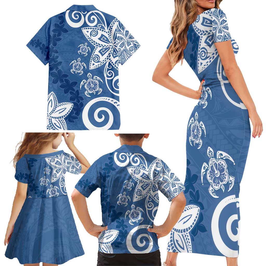 Polynesia Family Matching Short Sleeve Bodycon Dress and Hawaiian Shirt Blue Tribal Turtle Floral Pattern LT05 - Polynesian Pride