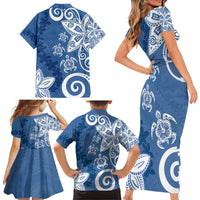 Polynesia Family Matching Short Sleeve Bodycon Dress and Hawaiian Shirt Blue Tribal Turtle Floral Pattern LT05 - Polynesian Pride