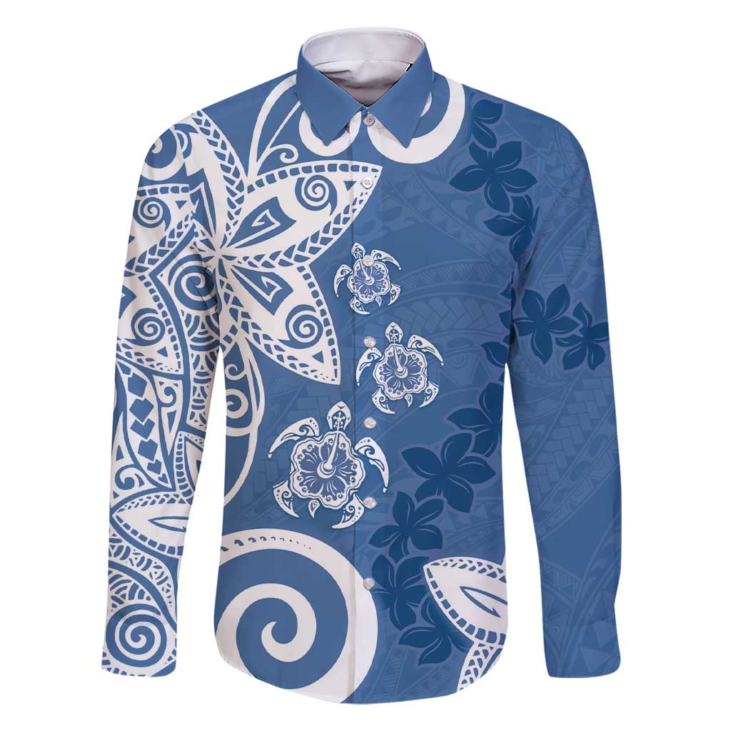 Polynesia Family Matching Short Sleeve Bodycon Dress and Hawaiian Shirt Blue Tribal Turtle Floral Pattern LT05 Dad's Shirt - Long Sleeve Blue - Polynesian Pride