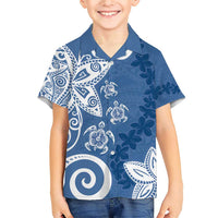 Polynesia Family Matching Short Sleeve Bodycon Dress and Hawaiian Shirt Blue Tribal Turtle Floral Pattern LT05 Son's Shirt Blue - Polynesian Pride
