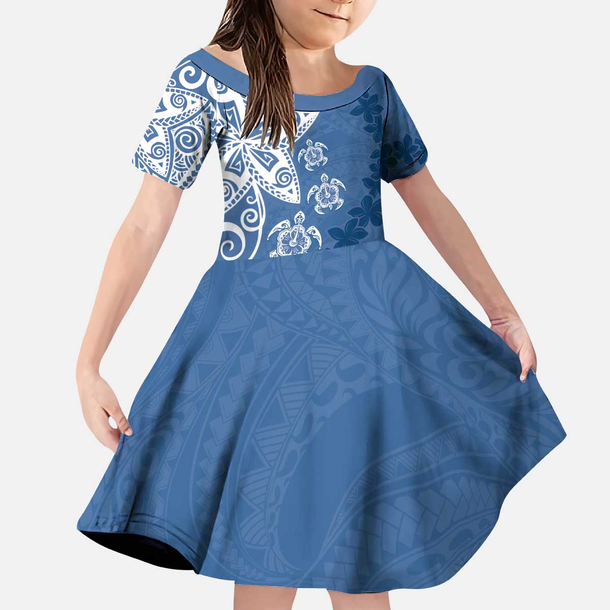 Polynesia Kid Short Sleeve Dress Blue Tribal Turtle Floral Pattern LT05 KID Blue - Polynesian Pride