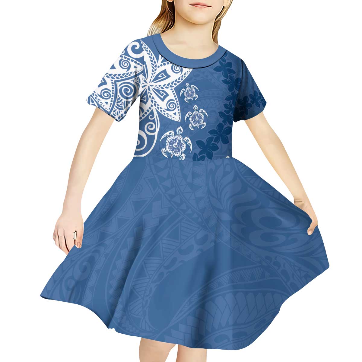 Polynesia Kid Short Sleeve Dress Blue Tribal Turtle Floral Pattern LT05 - Polynesian Pride