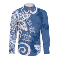 Polynesia Long Sleeve Button Shirt Blue Tribal Turtle Floral Pattern LT05 Unisex Blue - Polynesian Pride