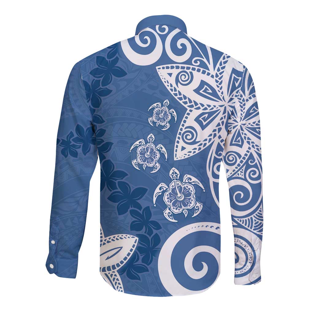 Polynesia Long Sleeve Button Shirt Blue Tribal Turtle Floral Pattern LT05 - Polynesian Pride