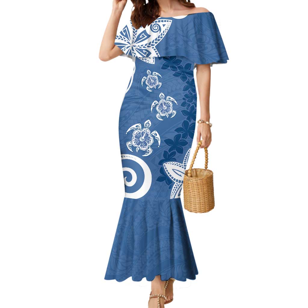 Polynesia Mermaid Dress Blue Tribal Turtle Floral Pattern