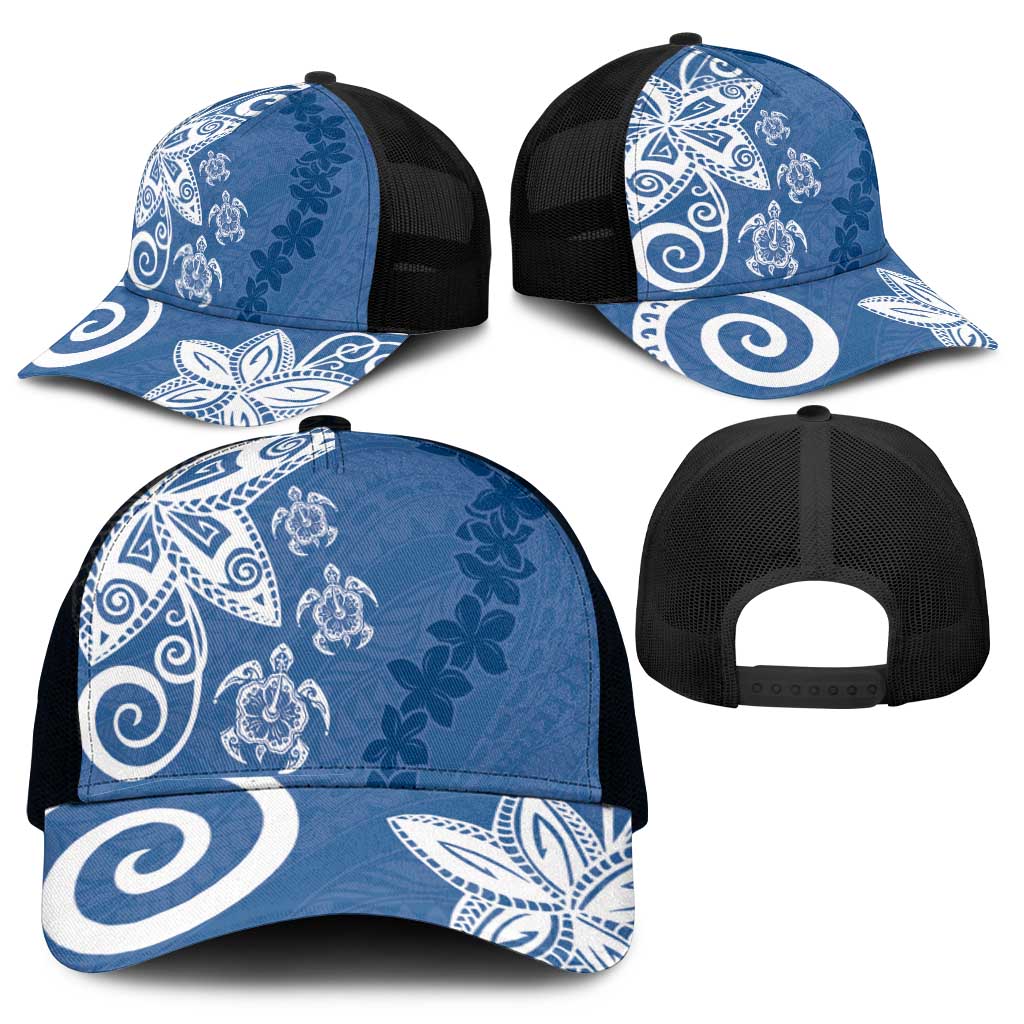 Polynesia Mesh Trucker Cap Blue Tribal Turtle Floral Pattern - Polynesian Pride
