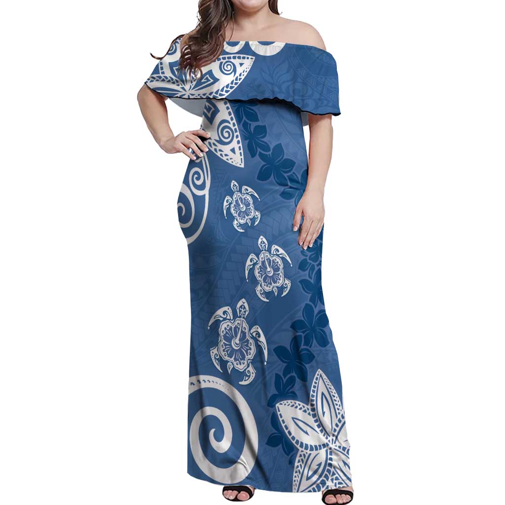 Polynesia Off Shoulder Maxi Dress Blue Tribal Turtle Floral Pattern LT05 Women Blue - Polynesian Pride