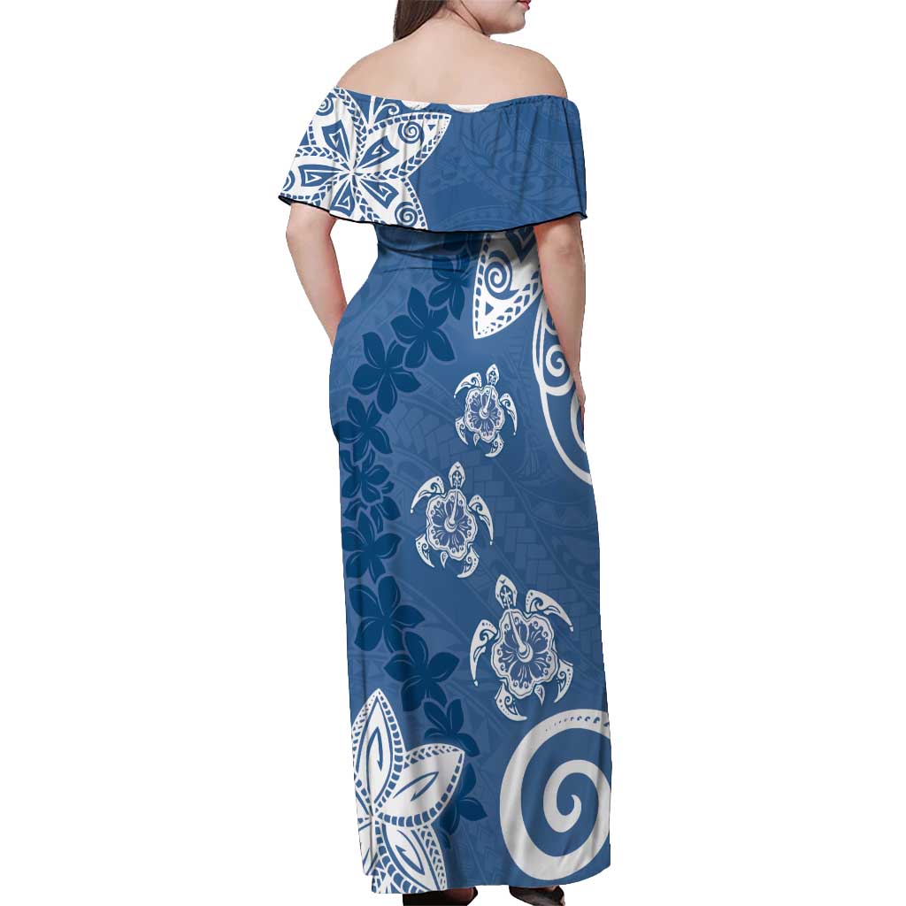 Polynesia Off Shoulder Maxi Dress Blue Tribal Turtle Floral Pattern LT05 - Polynesian Pride