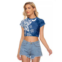 Polynesia Raglan Cropped T Shirt Blue Tribal Turtle Floral Pattern LT05 Female Blue - Polynesian Pride