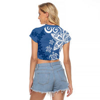 Polynesia Raglan Cropped T Shirt Blue Tribal Turtle Floral Pattern LT05 - Polynesian Pride