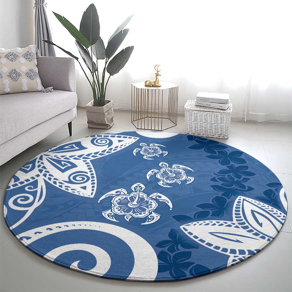 Polynesia Round Carpet Blue Tribal Turtle Floral Pattern