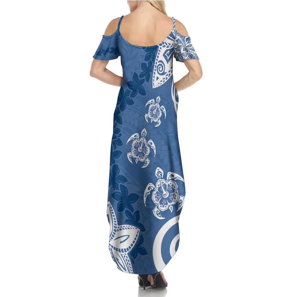 Polynesia Summer Maxi Dress Blue Tribal Turtle Floral Pattern