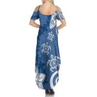 Polynesia Summer Maxi Dress Blue Tribal Turtle Floral Pattern