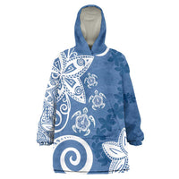 Polynesia Wearable Blanket Hoodie Blue Tribal Turtle Floral Pattern