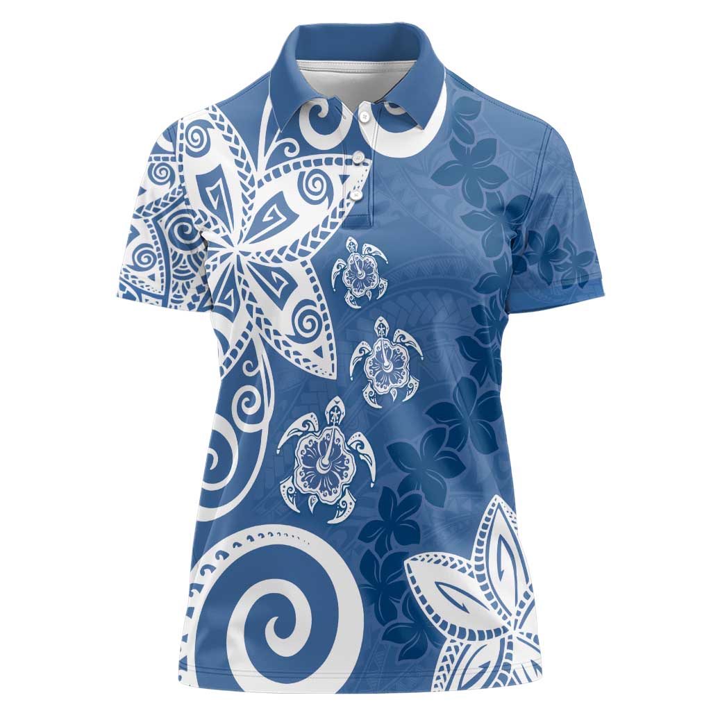 Polynesia Women Polo Shirt Blue Tribal Turtle Floral Pattern