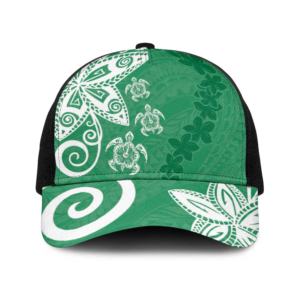 Polynesia Baseball Net Cap Green Tribal Turtle Floral Pattern - Polynesian Pride