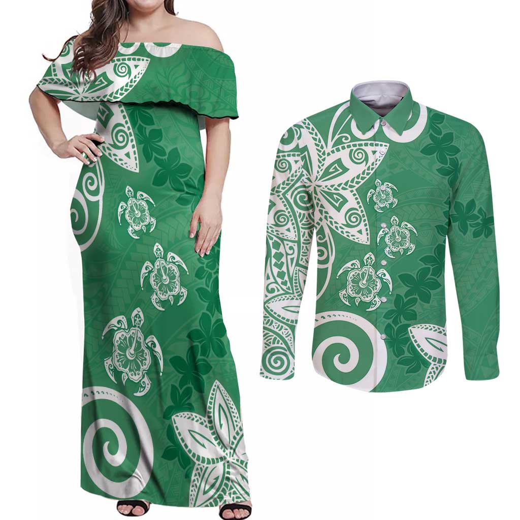 Polynesia Couples Matching Off Shoulder Maxi Dress and Long Sleeve Button Shirt Green Tribal Turtle Floral Pattern