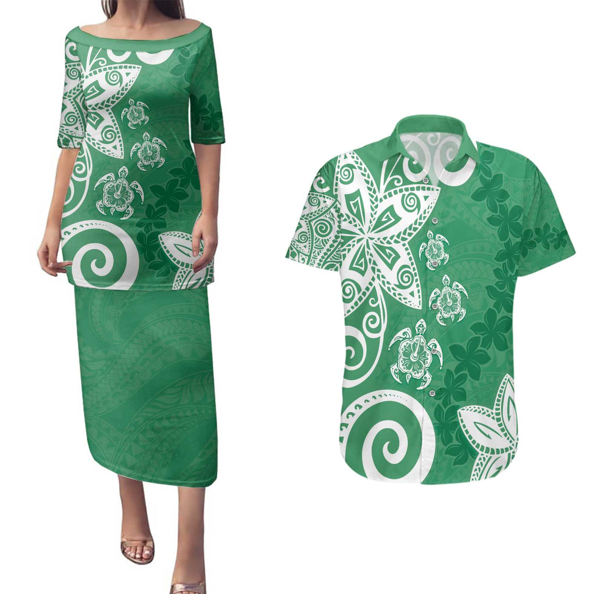 Polynesia Couples Matching Puletasi and Hawaiian Shirt Green Tribal Turtle Floral Pattern LT05 Green - Polynesian Pride