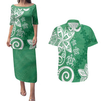 Polynesia Couples Matching Puletasi and Hawaiian Shirt Green Tribal Turtle Floral Pattern LT05 Green - Polynesian Pride