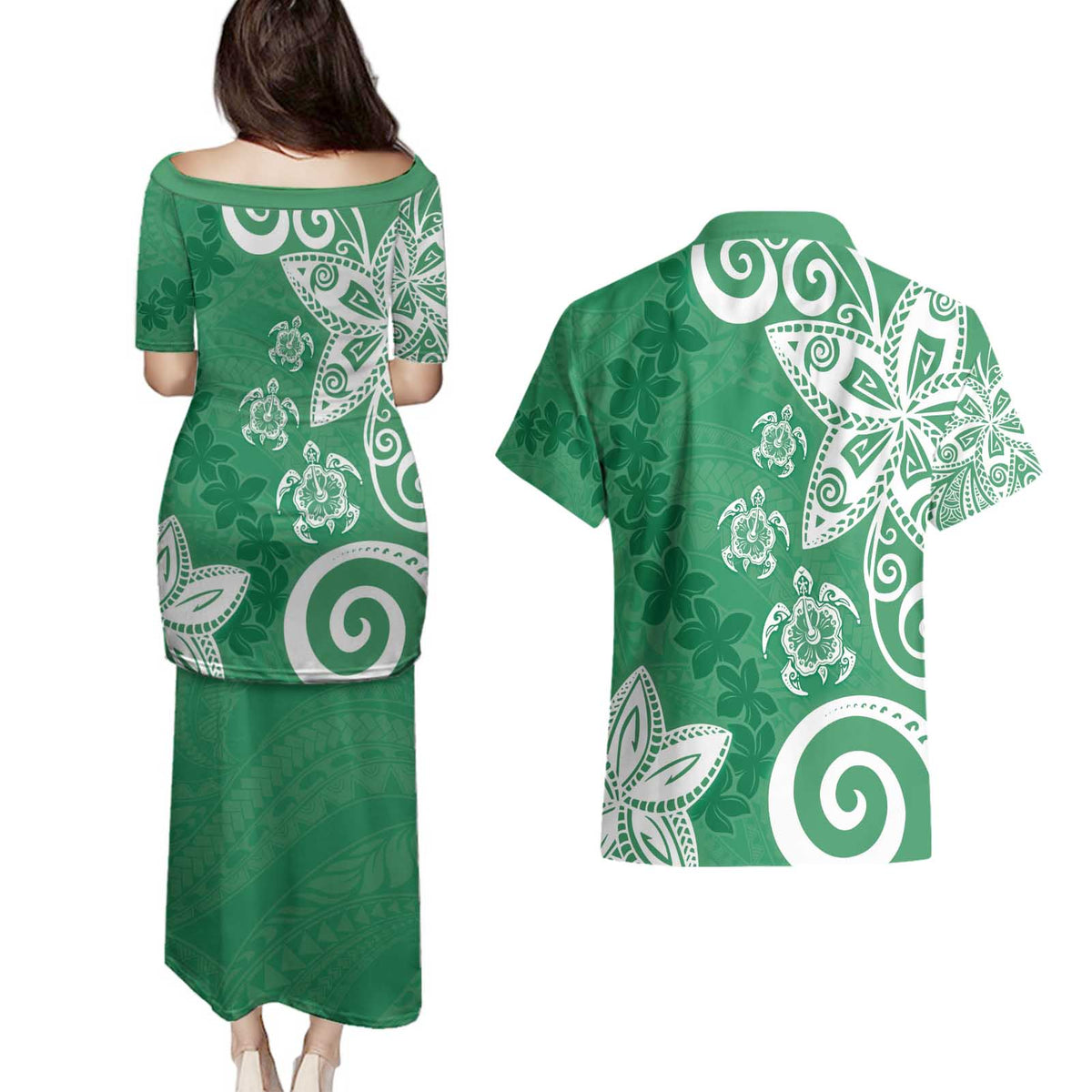 Polynesia Couples Matching Puletasi and Hawaiian Shirt Green Tribal Turtle Floral Pattern LT05 - Polynesian Pride