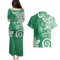 Polynesia Couples Matching Puletasi and Hawaiian Shirt Green Tribal Turtle Floral Pattern LT05 - Polynesian Pride