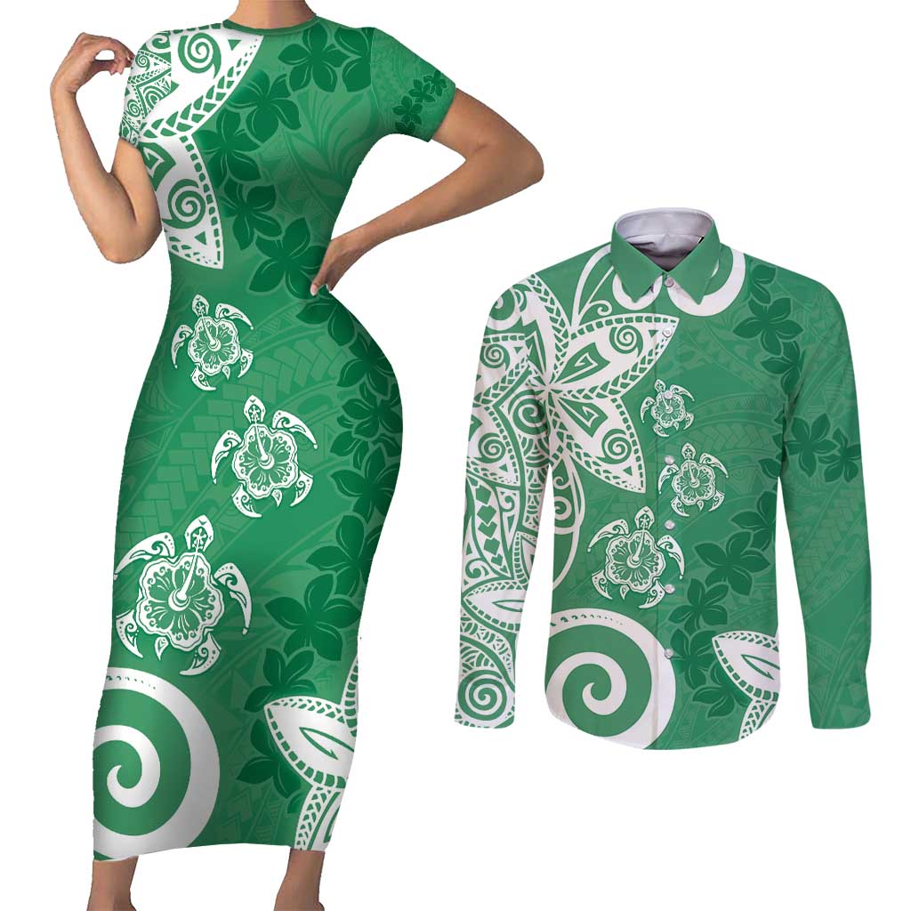 Polynesia Couples Matching Short Sleeve Bodycon Dress and Long Sleeve Button Shirt Green Tribal Turtle Floral Pattern