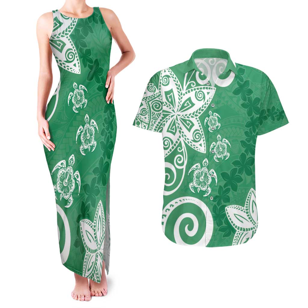 Polynesia Couples Matching Tank Maxi Dress and Hawaiian Shirt Green Tribal Turtle Floral Pattern