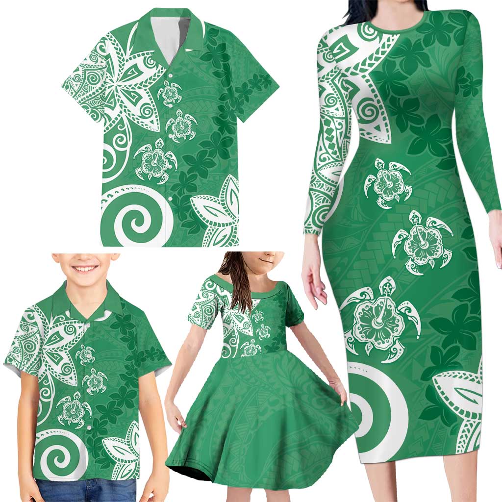 Polynesia Family Matching Long Sleeve Bodycon Dress and Hawaiian Shirt Green Tribal Turtle Floral Pattern LT05 - Polynesian Pride