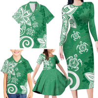 Polynesia Family Matching Long Sleeve Bodycon Dress and Hawaiian Shirt Green Tribal Turtle Floral Pattern LT05 - Polynesian Pride