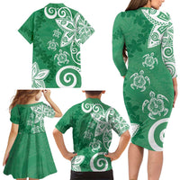 Polynesia Family Matching Long Sleeve Bodycon Dress and Hawaiian Shirt Green Tribal Turtle Floral Pattern LT05 - Polynesian Pride