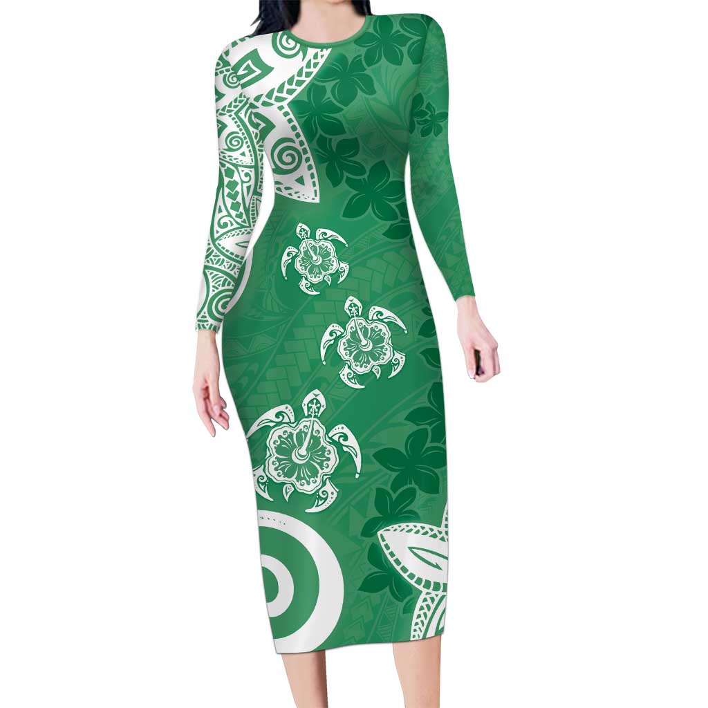 Polynesia Family Matching Long Sleeve Bodycon Dress and Hawaiian Shirt Green Tribal Turtle Floral Pattern LT05 Mom's Dress Green - Polynesian Pride