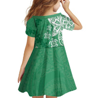 Polynesia Family Matching Off The Shoulder Long Sleeve Dress and Hawaiian Shirt Green Tribal Turtle Floral Pattern