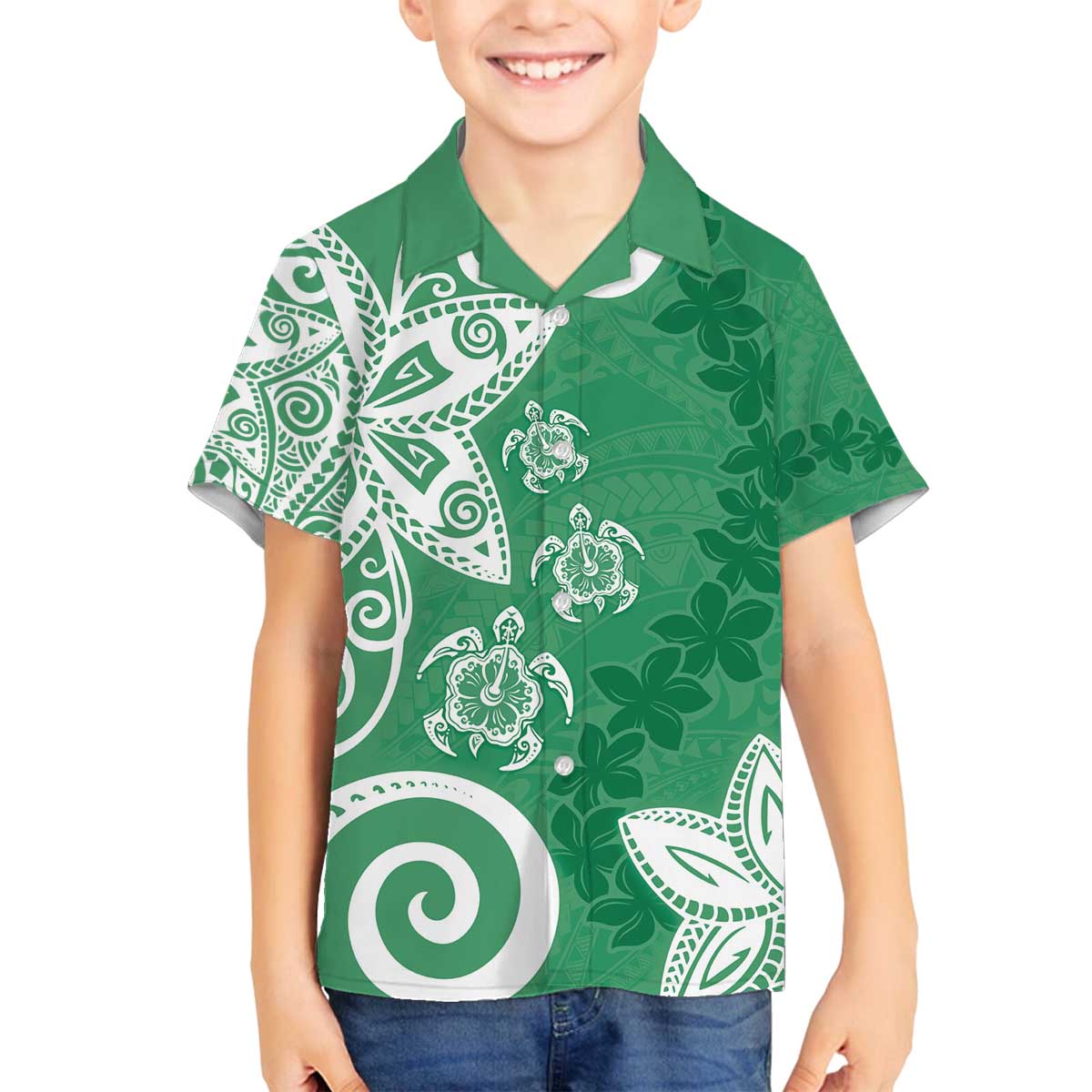 Polynesia Family Matching Off The Shoulder Long Sleeve Dress and Hawaiian Shirt Green Tribal Turtle Floral Pattern